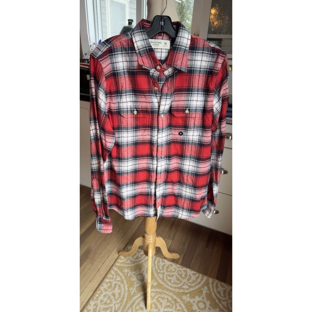 Abercrombie & Fitch Mens Red Plaid Muscle Flannel Button Down Shirt Comfy Sz Med